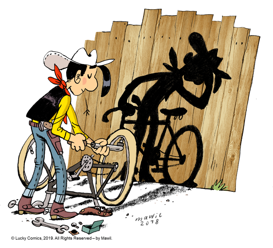 Zeichnung vom Cowboy Lucky Luke, der ein Fahrrad repariert.